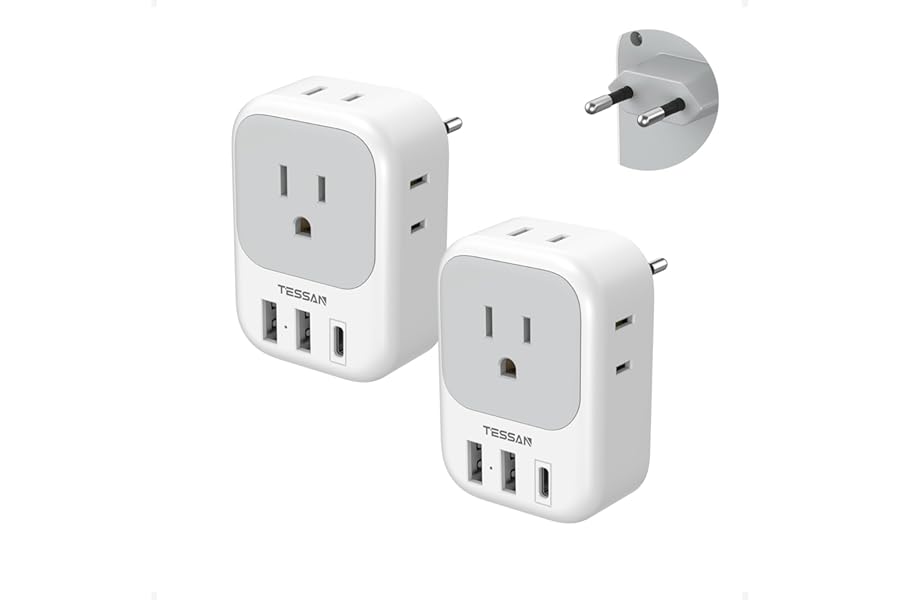 2 Pack European Plug Adapter USB C, TESSAN US to Europe Adapter 4 Outlets 3 USB Charger, Type C International Power Adaptor to Italy Spain France Portugal Iceland Germany, Europe Travel Essentials