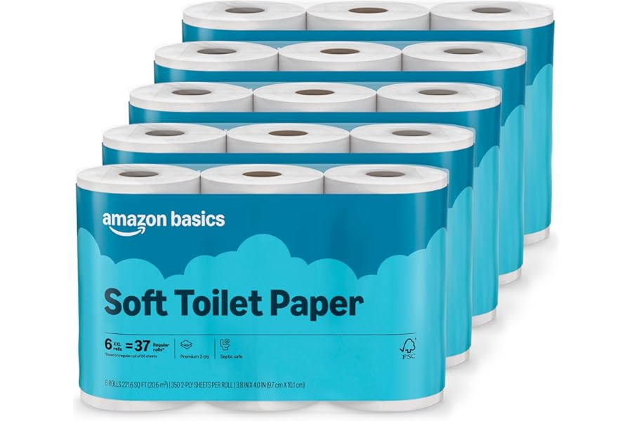 Amazon Basics 2-Ply Soft Toilet Paper, 30 Rolls (5 Packs of 6), 350 Sheets per Roll, Septic Safe, Equivalent to 185 Regular Rolls