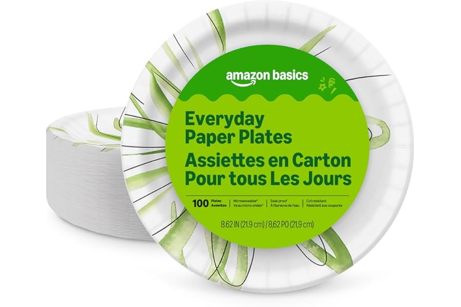 Amazon Basics Everyday Disposable Paper Plates, 8.62 Inch, Microwave-Safe, Cut Resistant, Soak-Proof, 100 Count, Packaging May Vary