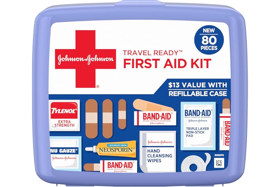 BAND-AID Brand Travel Ready Portable Emergency First Aid Kit for Minor Wound Care, Perfect for Home, Car, Travel, Camping Essentials & Outdoor Emergency Kit, 80 Pieces