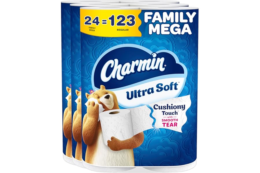 Charmin Ultra Soft Cushiony Touch Toilet Paper, 24 Family Mega = 123 Regular Rolls, White