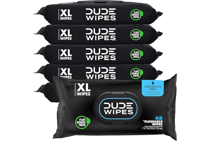 DUDE Wipes Unscented Flushable Wipes - Extra-Large Adult Wet Wipes for Sensitive Skin - 6 Pack (288 Count) - Infused with Vitamin E and Aloe - Septic and Sewer Safe