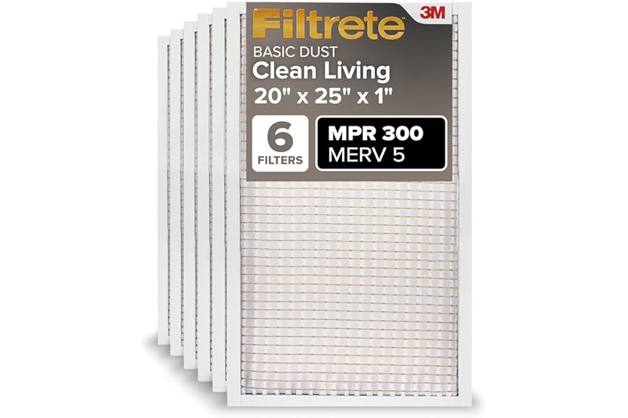 Filtrete 20x25x1 Air Filter MERV 5, 6-Pack AC Furnace HVAC Filters for Home, MPR 300 Basic Dust Defense, Pleated Electrostatic Removes Lint & Dust (Actual Size 19.69x24.69x0.81 in)