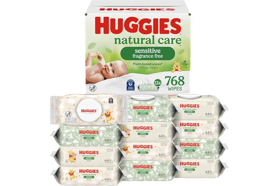 Huggies Natural Care Sensitive Baby Wipes, Unscented, Hypoallergenic, 99% Purified Water, 12 Flip-Top Packs (768 Wipes Total), Packaging May Vary