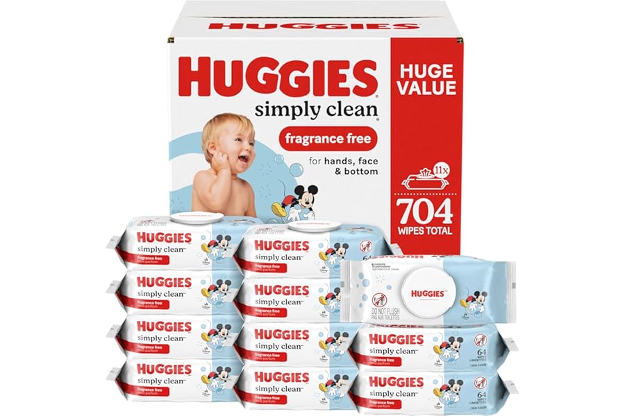 Huggies Simply Clean Unscented Baby Diaper Wipes, 11 Flip-Top Packs (704 Wipes Total), Packaging May Vary