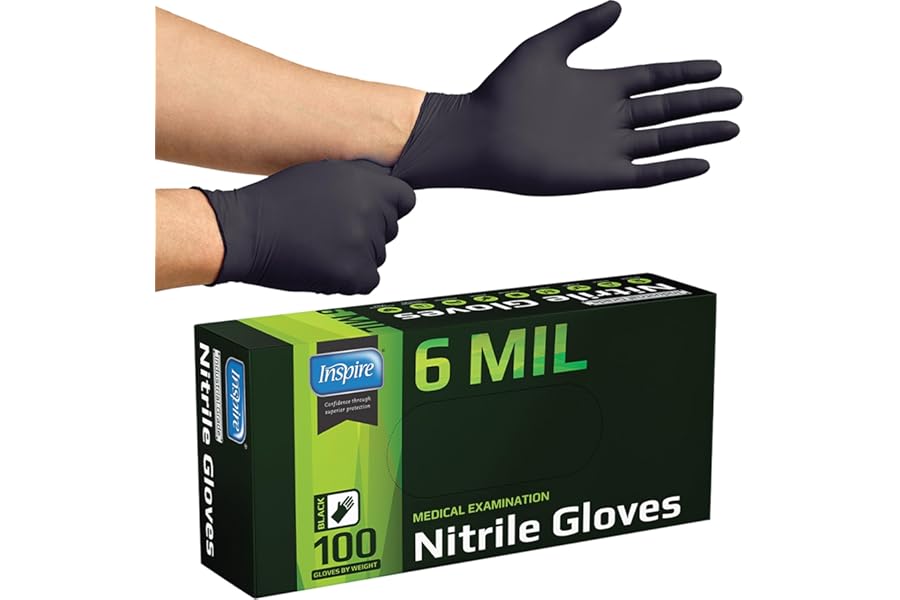 Inspire Black Nitrile Gloves HEAVY DUTY 6 Mil Nitrile Chemical Resistant Medical Cooking Cleaning Disposable Black Gloves
