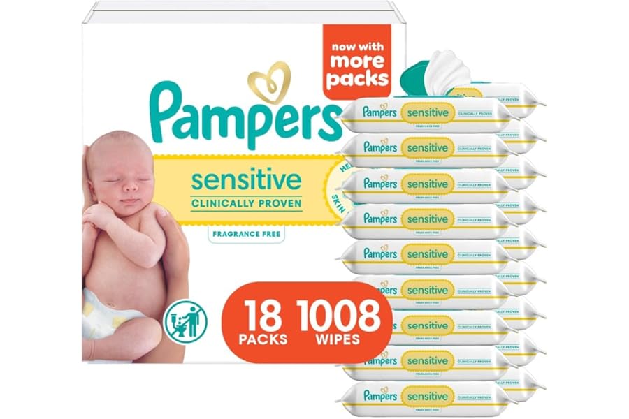 Pampers Sensitive Baby Wipes, Water Based, Hypoallergenic and Unscented, 18 Flip-Top Packs (1008 Wipes Total) [Packaging May Vary]