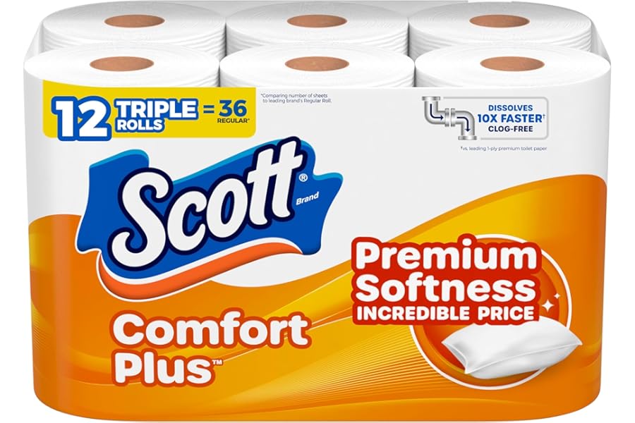 Scott ComfortPlus Toilet Paper, 12 Triple Rolls, 231 Sheets per Roll, Septic-Safe, 1-Ply Toilet Tissue