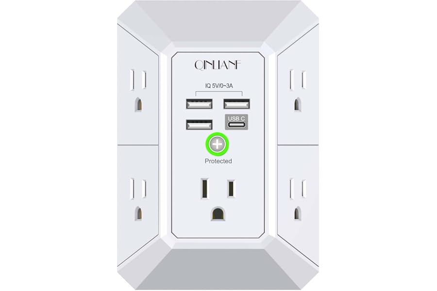 Wall Charger, Surge Protector, QINLIANF 5 Outlet Extender with 4 USB Charging Ports, 3-Sided 1680J Power Strip Multi Plug Adapter Spaced for Home Travel Office