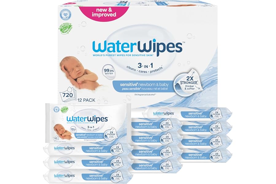 WaterWipes Sensitive+ Newborn & Baby Wipes, 3-In-1 Cleans, Cares, Protects, 99.9% Water, Unscented & Hypoallergenic, 720 Count (12 Packs)
