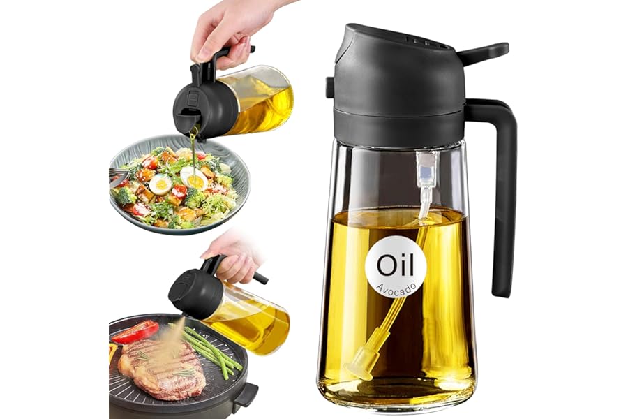 YARRAMATE 16oz/470ml Glass Olive Oil Sprayer for Cooking with Stickers, 2 in 1 Oil Dispenser for Kitchen Gadgets, Food Grade Premium Spray Bottle with Portion Control for Salad, Frying, BBQ (Black)
