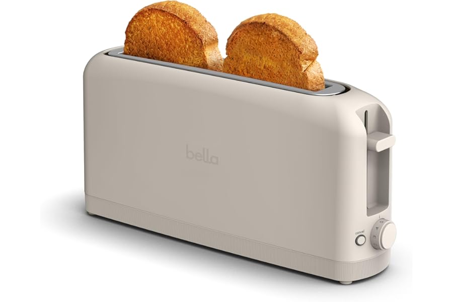 bella 2 Slice Slim Toaster, Fits-anywhere™ Kitchenware, 6 Setting Shade Control with Reheat & Cancel Buttons, Fits sourdough, 10” Long Slot, Anti Jam & Auto Shutoff, 900 Watt, Oatmilk