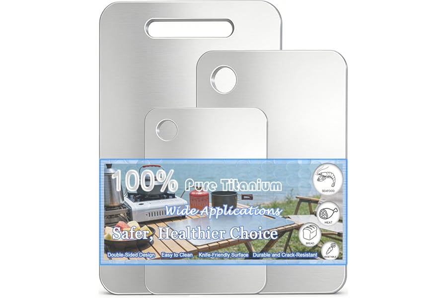 100% Pure Titanium Cutting Board Set of 3, Double-Sided Titanium Cutting Boards for Kitchen Dishwasher Safe, Camping Metal Charcuterie Chopping Board Mat for Meat, Fruit & Cheese (M+L+XL)