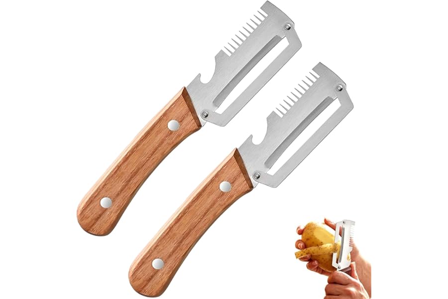 2 Pack Multi-Functional Vegetable Peeler, 3 in 1 Multi Functional Wooden Handle Peeler and Bottle Opener, Kitchen Gadgets Tool for Fruit Pumpkin Peeling Potato Carrot Veggie Peeler