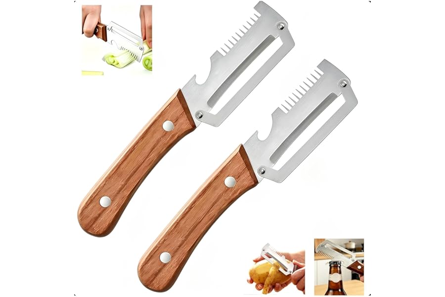 2-Pack Multifunctional Vegetable Peeler, 3 in 1 Kitchen Peeler with Wooden Handle, Grater & Bottle Opener for Potato, Carrot, Apple, Fruit & Vegetable