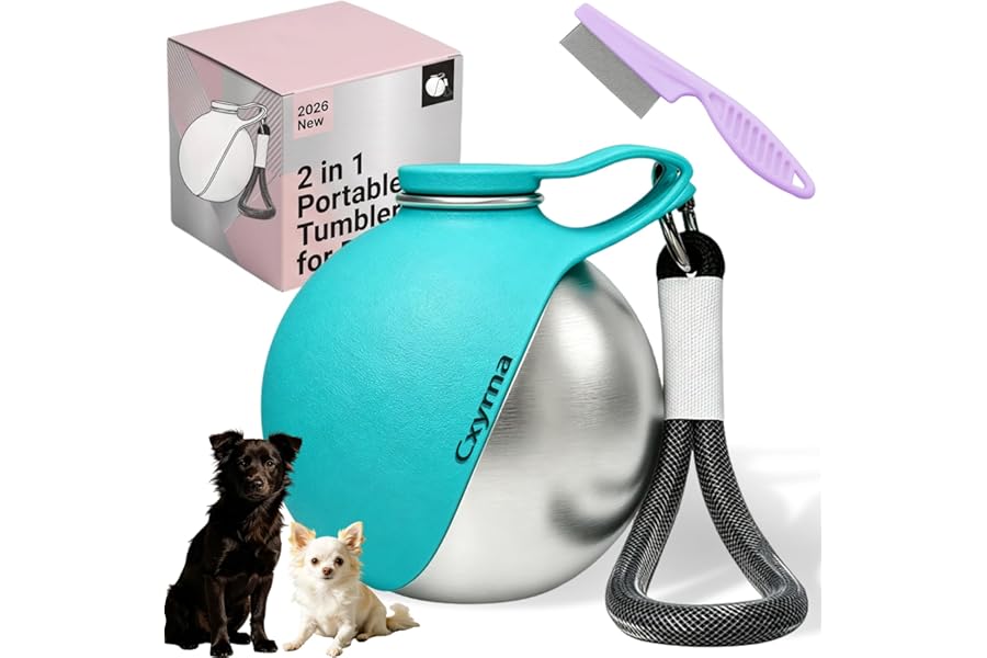2 in 1 Portable Tumbler for Dogs, 2026 New 10Oz Stainless Steel Dog Water Bottle with Silicone Foldable Bowl, Leak-Proof 2 in