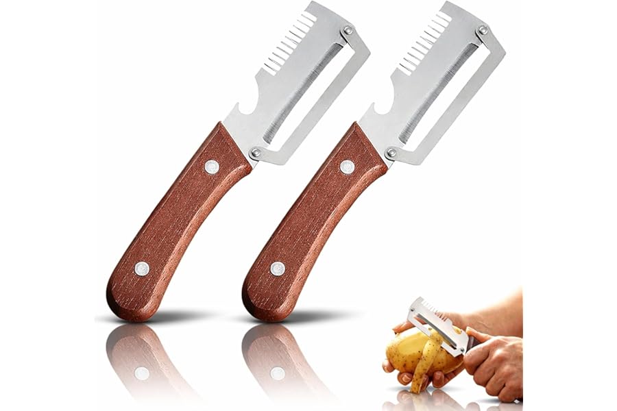 2026New Multi-functional Vegetable Peeler, Ktchen Multi-function Stainless Steel Thickened Fruit Peeler Knife with Wooden Handle, 3-1,Suitable for Peeling Fruits and Shredding Scallions (2PCS)