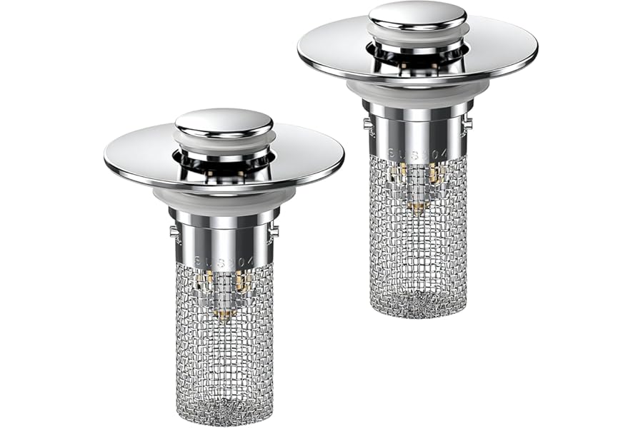 2PCS Bathroom Sink Stopper Hair Catcher, Pop Up Sink Drain Stopper with Strainer & Filter, Universal Drain Plug for Sink Drain & Replacement, Sink Drain Cover with Basket for Bathroom Stopper