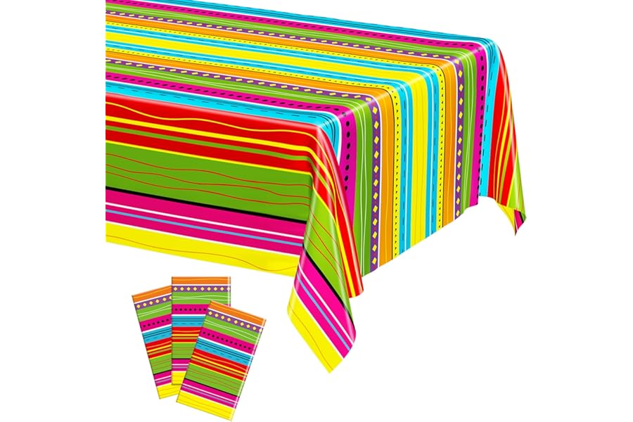 3 Pcs Cinco De Mayo Decorations, Disposable Fiesta Tablecloths (54 X 108 Inches), Rectangle Table Covers with Colorful Serape Stripe Plastic Dinnerware Kitchen Decor for Mexican Themed Party Favors