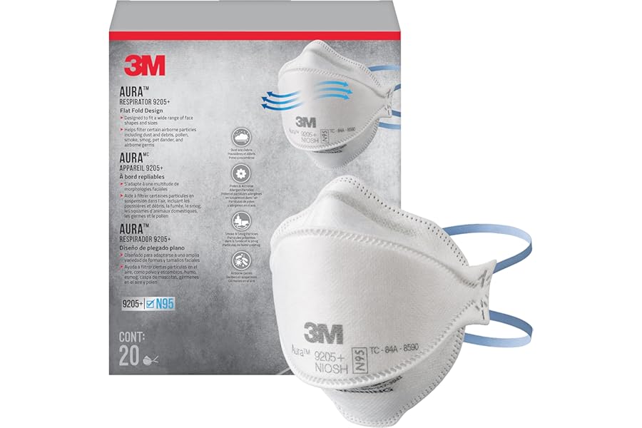 3M Aura Particulate N95 Respirator 9205+, Flat Fold Lightweight Design, Non-Valved, 20 Count (Pack of 1)