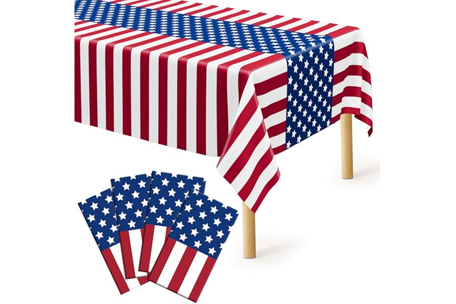 4 Pcs 4th of July Decorations, 108" X 54" Plastic 250th Anniversary 4th of July Tablecloths, Rectangle Red White Blue Tablecl