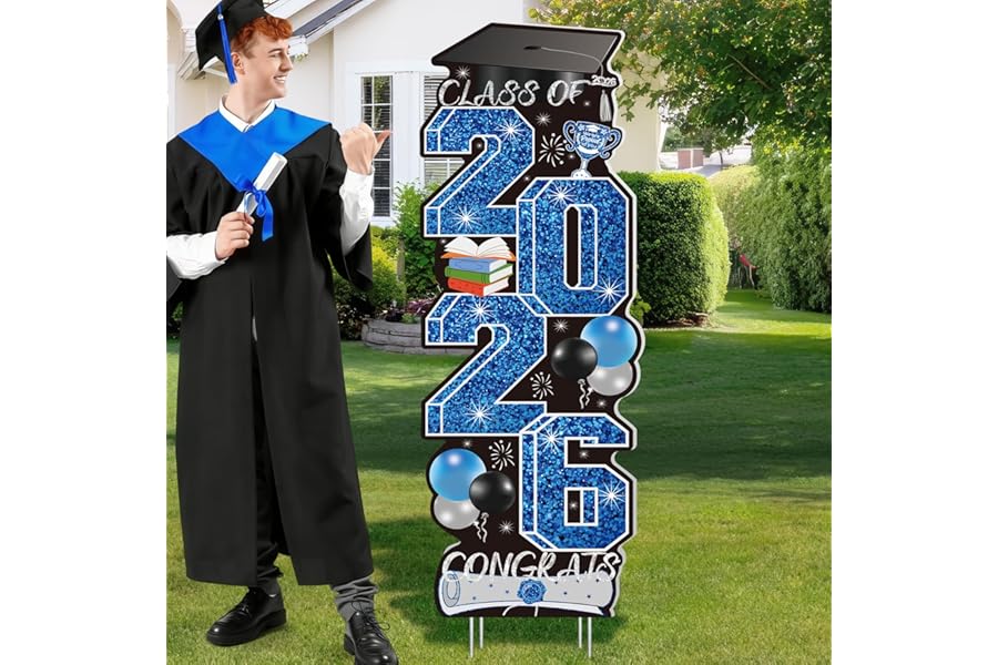 4 Pcs Congrats Grad Sign, Blue Graduation Yard Signs Class of 2026 with Stakes, Yard Sign Graduation 2026 for Indoor Outdoor Grad Party Decorations Backdrop High College School Decor Supplies
