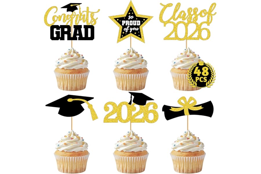 48 PCS Graduation Cupcake Toppers, 6 Styles Congrats Grad Cake Topper, Black and Gold Graduation Decorations 2026, Glittery Cap and Diploma Cake Picks for Grad Party Decor Supplies