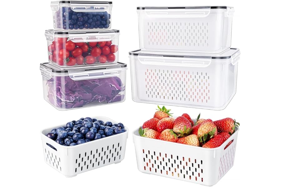 5 PCS Large Fruit Containers for Fridge - Leakproof Food Storage Containers with Removable Colander - Dishwasher & microwave