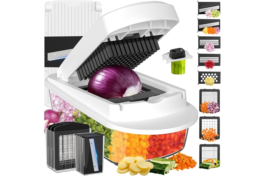 8 Blade All-in-1 Vegetable Chopper Mandoline Slicer with Container, Food Chopper, Onion Chopper, Veggie Cutter for Salad, Kitchen Gadgets Accessories Essentials, White