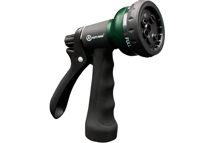 AUTOMAN-Garden-Hose-Nozzle, ABS Water Spray Nozzle with 7 Adjustable Watering Patterns, Slip Resistant for Watering Plants, Lawn& Garden, Washing Cars, Cleaning, Showering Pets & Outdoor Fun.
