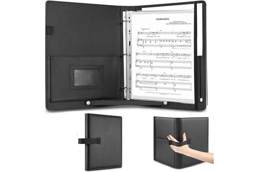 AiDor PU Leather Choir Music Folder, 3 Ring Black Binder with Adjustable Band,Sheet Music Folder fit Letter Size, for Choral Performances at Concerts