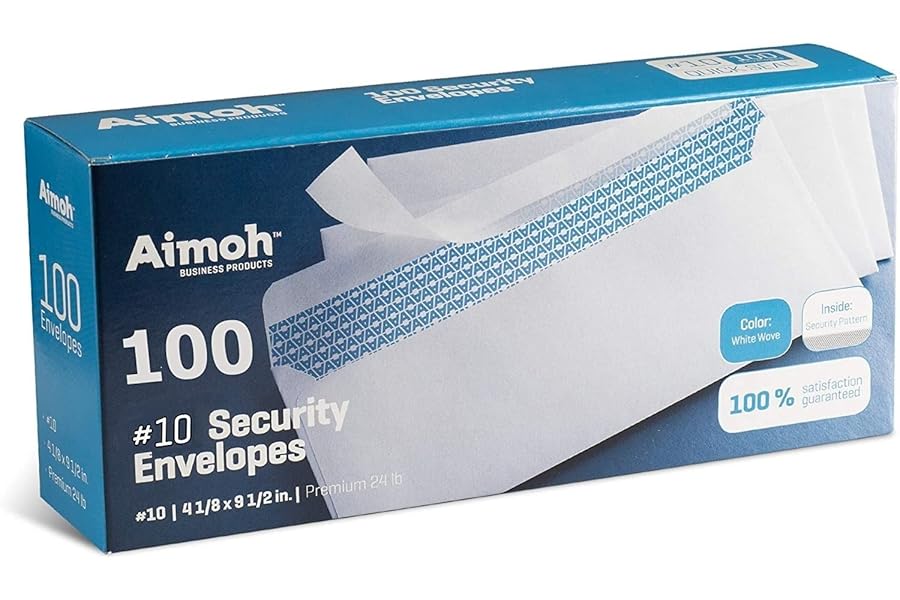 Aimoh #10 Security Self Seal Envelopes – 100 Qty |No Window, EnveGuard, 4⅛ x 9½", White, 24 LB, 100 Count (34100)