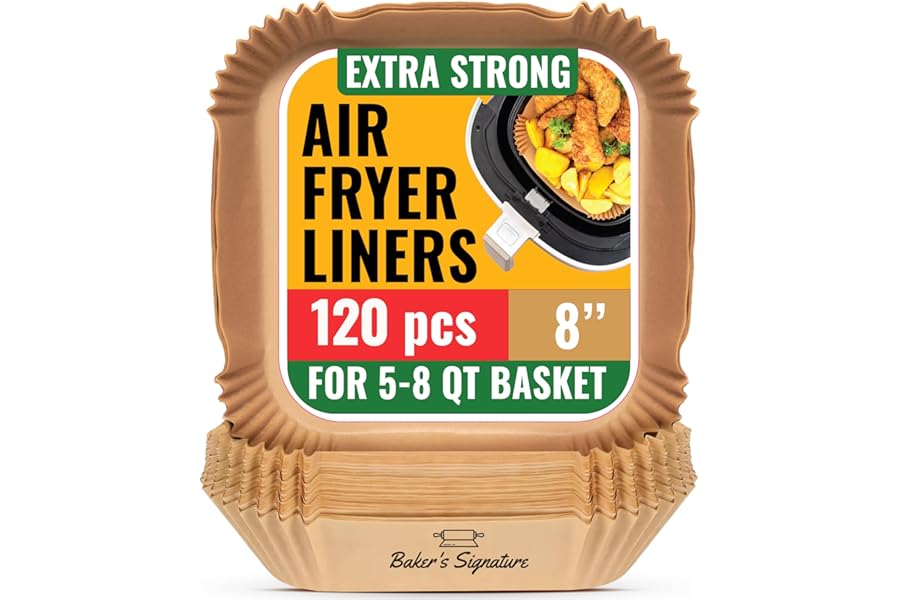 Air Fryer Paper Liners, 120Pcs Air Fryer Disposable Liners, Non-Stick and Oil Proof for Easy Cleanup, 8” Square for 5-8 qt Basket by Baker's Signature
