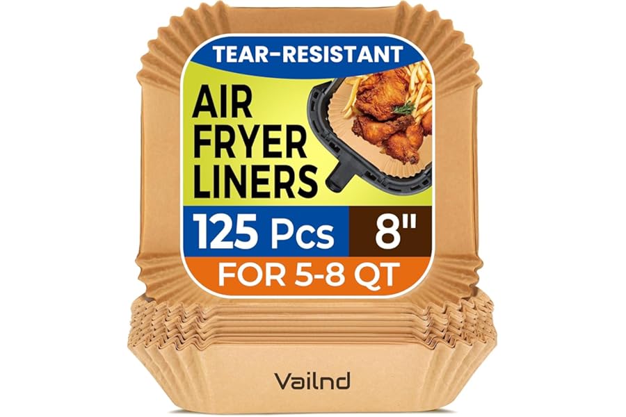 Air Fryer Paper Liners, 125Pcs Parchment Paper, Air Fryer Liners Disposable for Microwave, Non-Stick Air Fryer Liner Square Free of Bleach (8IN)