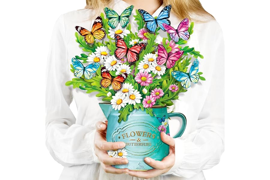 Airpark 3D Pop Up Paper Flowers Bouquet Card 12’‘ with Note & Envelope, Birthday Gifts, Get Well, Thank You, Greeting Cards for Women Mom Wife Friends, Daisies and Butterflies