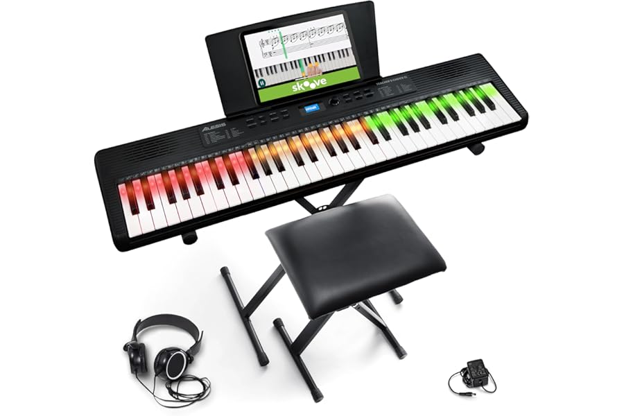 Alesis Teacher's Choice 61 Portable Keyboard Piano for Beginners with 61 Light Up Keys, 300 Sounds, Speakers, Stand, Bench, Headphones and Skoove Music Lessons
