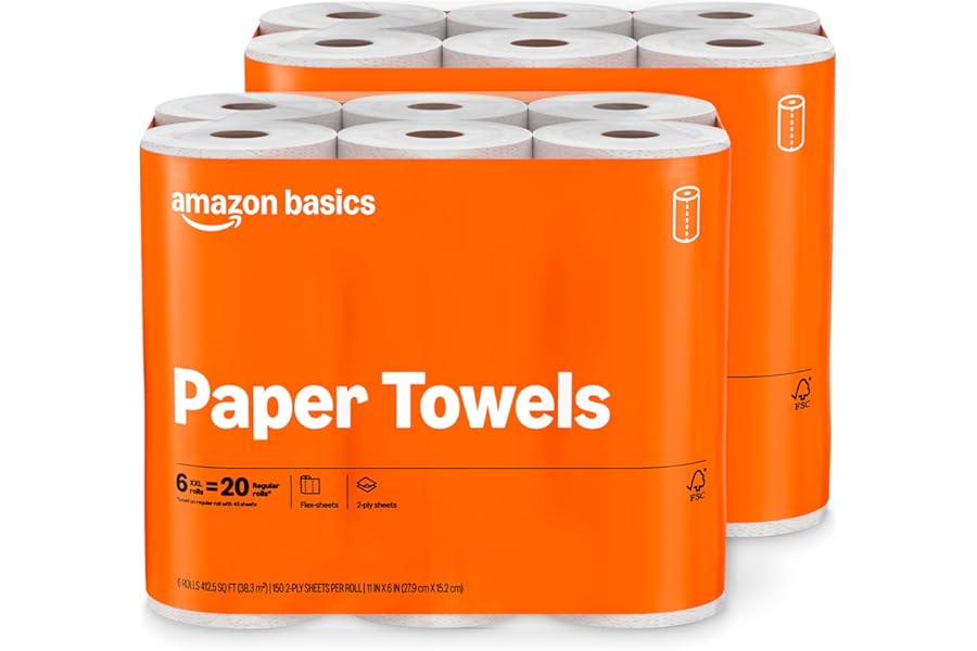 Amazon Basics 2-Ply Flex-Sheets Paper Towels, 12 Basics Rolls = 40 Regular Rolls, Everyday Value with 150 Sheets per Roll, Packaging May Vary