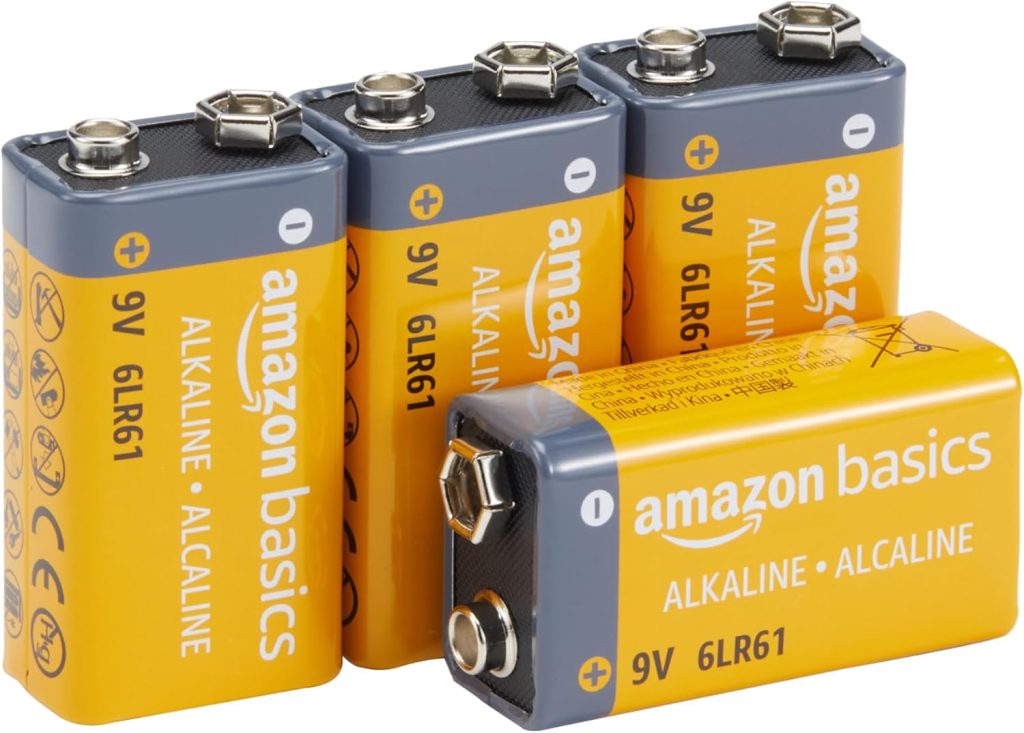 Amazon Basics 9V 9V/6LR61 Alkaline Batteries for 5 Year Storage, for Smoke/CO Detectors, Electronics and Audio, Pack of 4