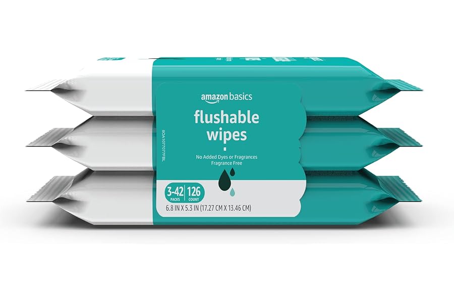 Amazon Basics Adult Wet Wipes Flushable formulated without Fragrance, 126 Count (3 Packs of 42) Packaging May Vary
