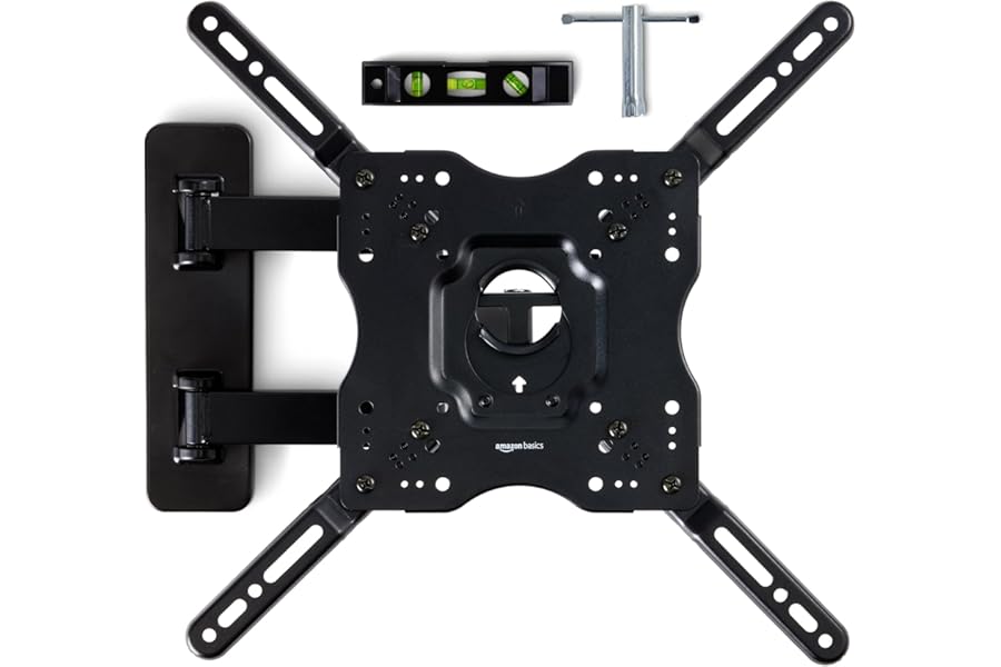 Amazon Basics Full Motion Articulating TV Wall Mount, with Swivel and Tilt, for 26" to 55" TVs and Flat Panels up to 80 Lbs, VESA Compatible, Single Stud, Black