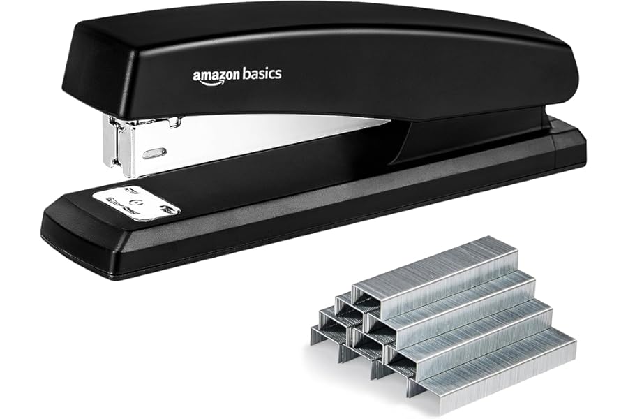 Amazon Basics Office Stapler with 1000 Staples, 25 Sheet Capacity, Non-Slip, Black, Home Office