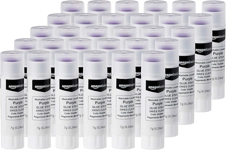 Amazon Basics Purple Washable School Glue Sticks for Classroom Supplies and Crafting, Dries Clear, 0.24-oz Stick, 30-Pack
