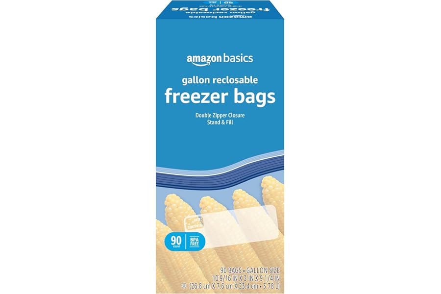 Amazon Basics Reclosable Freezer Gallon Size Bags with Double Zipper Seal, Stand-Up Bottom, BPA Free, 90 Count (Previously Solimo)