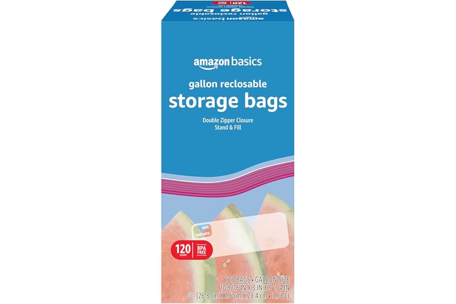 Amazon Basics Reclosable Gallon Food Storage Bags with Double Zipper Seal, Stand and Fill Base, BPA Free, 120 Count