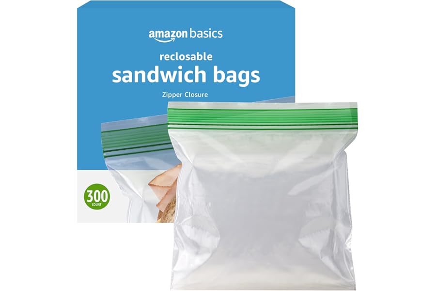 Amazon Basics Resealable Double Zipper Sandwich Storage Bags for Food Storage, 300 Count (Previously Solimo)