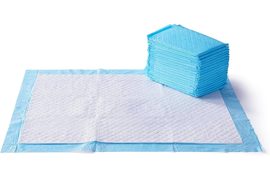 Amazon Basics Super Absorbent Dog and Puppy Potty Pads, Leak-Proof 5-Layer Design with Quick-Dry Surface for Housebreaking, Heavy Duty Absorbency, X-Large, 28 x 34 Inch, Blue & White, 25-Pack