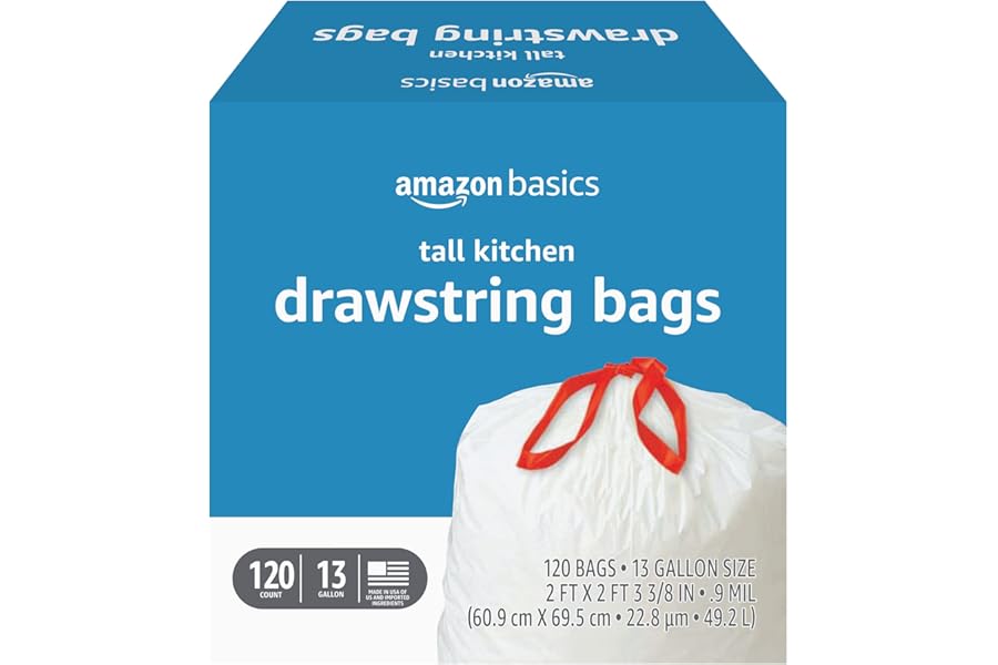 Amazon Basics Tall Kitchen Drawstring Trash Bags, Sturdy and Tear Resistant, 13 Gallon, Unscented, 120 Count