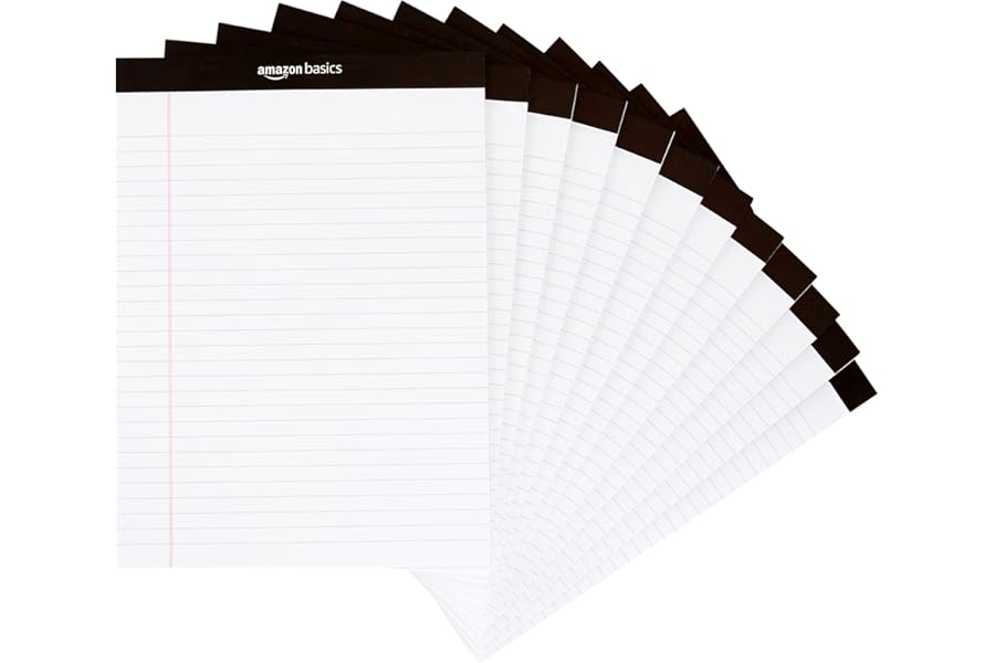 Amazon Basics Wide Ruled Lined Writing Note Pads for Office Supplies, 8.5" x 11.75", White, 12-Pack of 50 Perforated Sheets