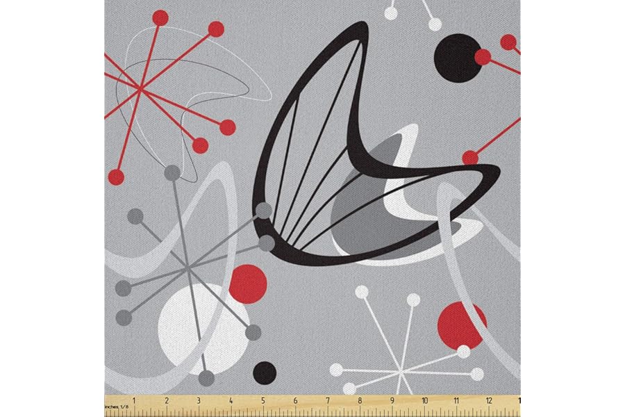 Ambesonne Mid Century Fabric by The Yard, Scientific Inspirations in Fifties Art Design Atomic with Abstract Shapes, Microfiber Fabric for Arts and Crafts Textiles & Decor, 3 Yards, Grey Black Red