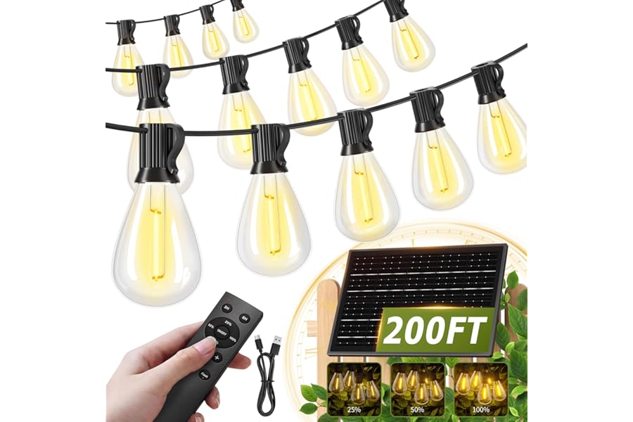 Amzrap 200FT Solar String Lights Outdoor Waterproof 72+2 LED Bulbs, Solar Powered with Remote & USB Port, 3 Light Modes Dimmable Patio Lights for Large Backyard, Garden, Party